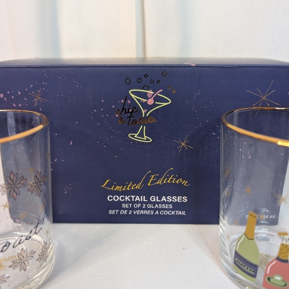 Chic & Tonic Limited Edition Gold Rimmed Cocktail Glasses Let's Toast Set New - Picture 7 of 10